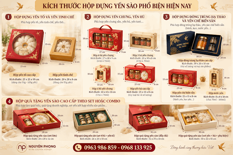 Các kích thước phổ biến cho hộp đựng yến sào 